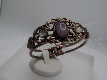 Vintage Purple & AB Hinged Clamper Bracelet, Copper Tone, 6.75"
