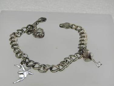 Vintage Silver Charm Bracelet, Heart, Moon, Star, Key, 7", Signed