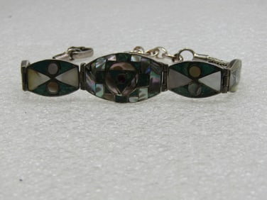 Vintage .950 Silver Southwestern Inlaid Sugalite, Marcasite, MOP, Abalone Bracelet,