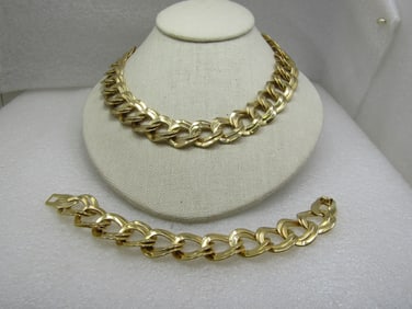 Vintage Wide Gold Tone Link Necklace, Bracelet Earrings Set