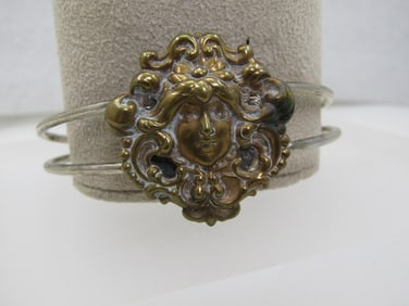 Art Nouveau Themed Cuff Bracelet, 6.5" Brass & Silver Tone