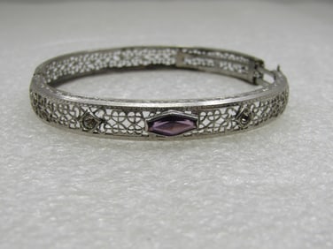 Vintage Art Deco Slide Bangle Bracelet, 7" Purple Stone, Signed RMCO.
