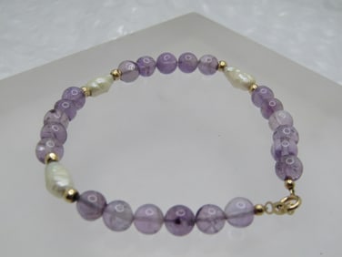 Vintage 14kt Amethyst & Freshwater Pearl Bracelet, 7", Signed H, 1980's-1990's