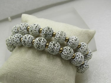 Vintage Monet White Filigree Bracelet, Beaded, Double Strand , 7.5", 1960's-1970's