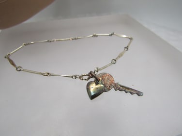 Vintage Sterling Heart & Key Bracelet, 7", Bob Siemon Designs, 1970's-1980's