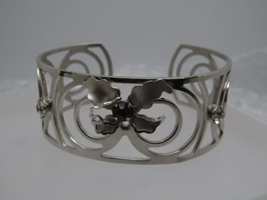 Vintage Silver Tone Orchid Cuff Bracelet, 7", 1960's-1970's
