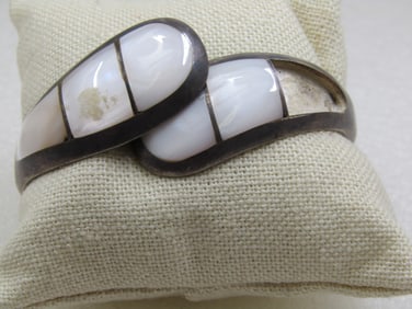 Vintage Sterling MOP Clamper Bracelet, 6.75" Mexico, Signed TL, Inlaid, Needs Stone