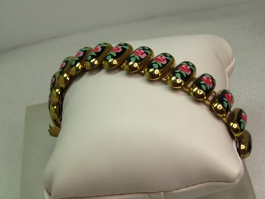 Vintage Oblong Enameled Rose Link Bracelet, 7.25", 1940's-1950's