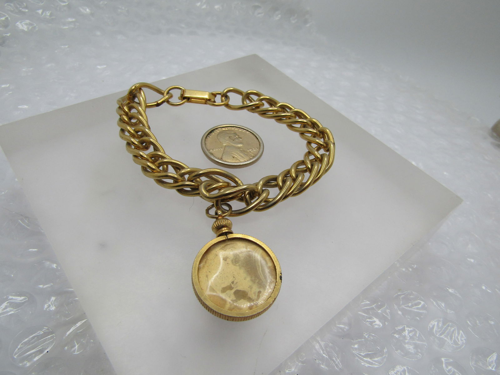 Vintage Charm Bracelet with Coil  Holder, 7", 1927 Plated Penny Separate (1 of 6)