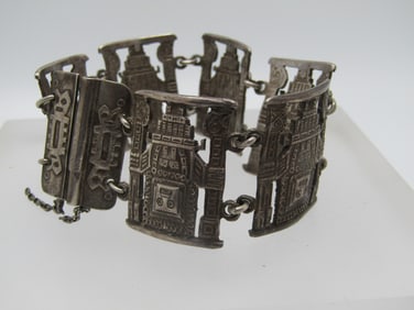Vintage Silver Inca God Tile Bracelet, Slide Clasp. 7.5", Unisex, Pre Mid-Century