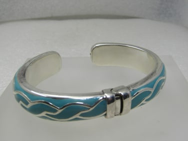 Sterling Silver Turquoise Enameled Clamper Bracelet, 7.25"