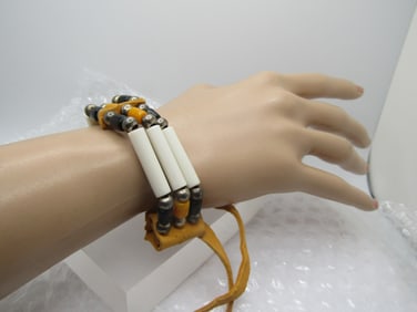 Plastic & Glass Beaded Warrior Bracelet, Leather, Ties, 16" 1980's-1990's