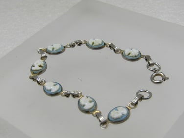 Vintage Blue & White Cameo Bracelet, 7", 1960's