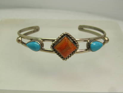 Sterling Turquoise Coral Navajo Cuff Bracelet, 6.75", Signed DJM, 1990's, Unisex: Sterling Turquoise Coral Navajo Cuff Bracelet, 6.75", Signed DJM, 1990's, unisex. DJM is believed to be a Navajo silversmith David J. Montoya and the DJM mark does seem to match marks found on other p