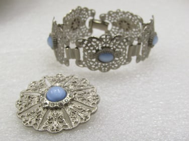 Vintage Filigree Blue Moonstone Bracelet & Brooch, 7", Silver Tone, Mid-Century
