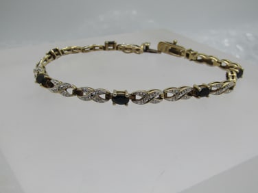 Vintage Sterling Vermeil Sapphire Illusion Tennis Bracelet, 7.5", Signed R, Two-Tone XO