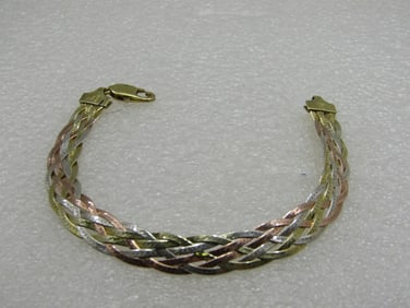 Sterling Silver Tri-Color Braided Herringbone Bracelet, 7", Signed FMC, 9mm