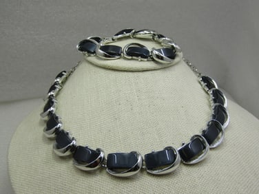 Vintage Charcoal Gray Thermoset Necklace Bracelet Set, 1950's-1960's