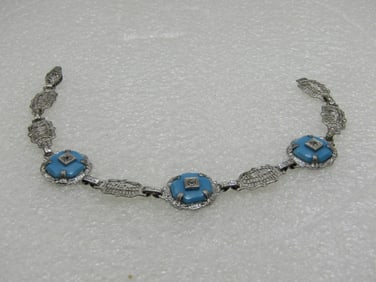 Vintage Art Deco Filigree Turquoise Glass Bracelet, 7", Rhodium Plated