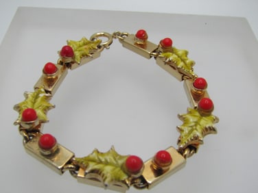 Vintage Enameled Holly & Berry Bracelet, 7", 1960's-1970's