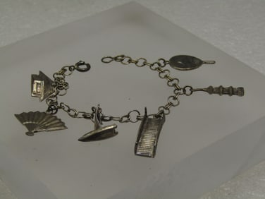Vintage Sterling Japanese Charm Bracelet, 1950's, Original Box 6"