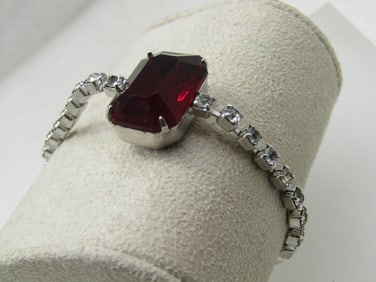 Vintage Clear & Red Rhinestone Bracelet, 7", Silver Tone