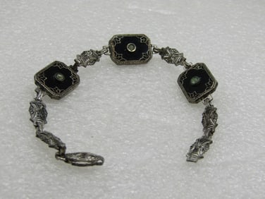 Vintage Sterling Art Deco Black Glass Filigree Bracelet, 7"