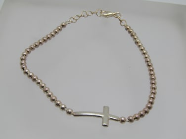 Sterling Silver Cross Beaded Bracelet, 7.25" to 8.25", Signed