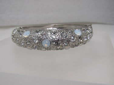 Rhinestone Hinged Bangle Bracelet, 7.25", Silver Tone