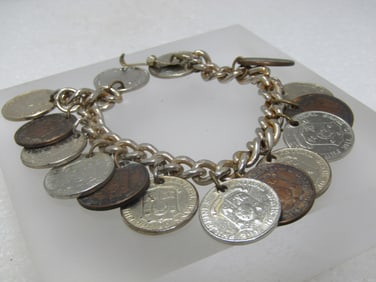 Vintage Foreign Coin Bracelet, 15 Coins, 7", Phillipines , 1960's