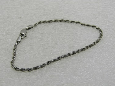 Vintage Sterling Silver 2mm Rope Chain Bracelet, Signed, 7.25"