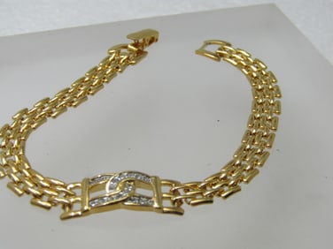 Vintage Woven Bracelet, Double Rhinestone Horseshoe Accent, 7.25"