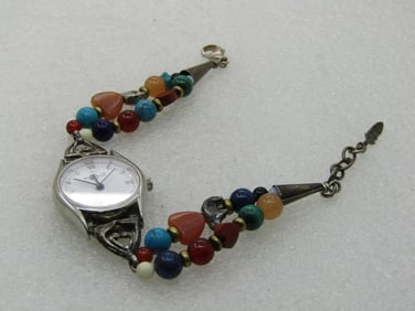 Southwestern Sterling Silver Moon Ladies Watch with Double Strand Stone Beaded Bracelet Band, 7.5"