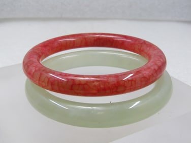 Vintage Pair Quartz Bangle Bracelets, 7", Orange and Green
