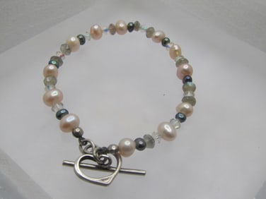 Vintage Sterling Baroque Pearl/Crystal Bracelet, Toggle Clasp, 7.75"