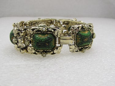 Vintage Green Pressed Glass Stones & Faux Pearl Wide Bracelet, 7.5"
