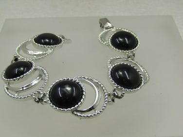 Vintage Black & Silver Tone Circle Bracelet, Sarah Coventry, 7.25", 1960's-1970's