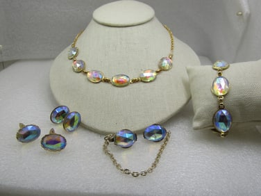 Vintage Clear Aurora Borealis Necklace, Bracelet, Sweater Guard & Cufflink, Clip Earrings, Set,