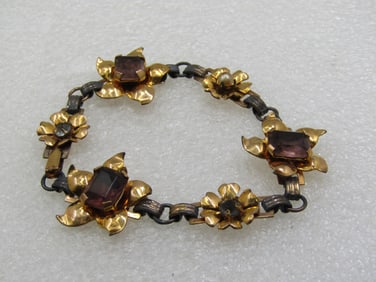 Vintage 1/20 12kt G.F. Rhinestone Floral Blossom Bracelet, 7"