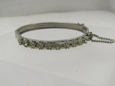 Vintage Rhinestone Hinged Bangle Bracelet, 6.75", Safety Chain