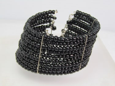 Vintage Black Glass Coiled Wrapped Bracelet, with Dangles, Style 6"-8". 1970's-1980's