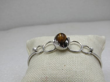 Sterling Silver Tiger's Eye Bangle Bracelet, 7", Top Clasp