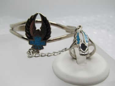 Vintage Enameled & Turquoise Chip Biker Bracelet with Attached Ring, t is 7".Ring is Sz. 7