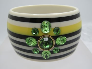 Juicy Couture Bangle Bracelet, Black/Yellow Striped, Green Rhinestones, 7.25"