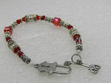 Vintage Silver Tone & Red Crystal Beaded Bracelet, Lock Toggel Clasp, 7"