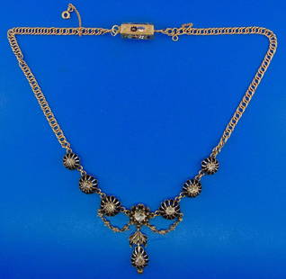 Victorian 18k Yellow Gold Enamel Rose Cut Diamond and Silver Flower Necklace: AK NT00 Victorian 18k Yellow Gold Enamel Rose Cut Silver Flower Necklace · Wonderful earrings that is a great addition to your collection. · Weight is 27.1 grams · Made of 18k Yellow Go