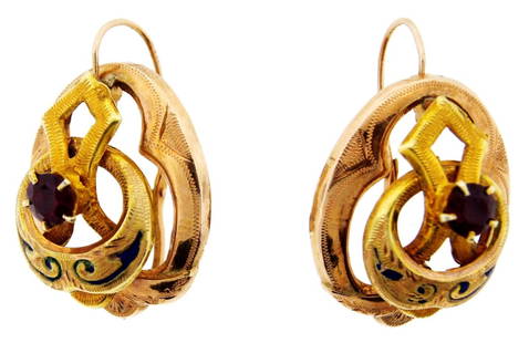 WOW Victorian 14k Yellow Gold, Ruby & Enamel Earrings on Wire Circa 1900s!: DK 14k Yellow Gold, Enamel & Ruby Earrings Circa 1900s! This wonderful pair of earrings is one of a kind! The weight is 8.5 grams. The ruby is natural. There is 1 carat. The enamel is blue. The earrin