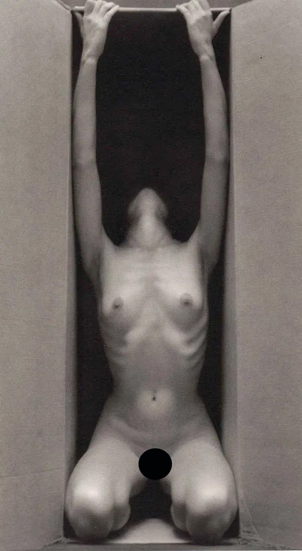 RUTH BERNHARD - In the Box, Vertical,1962: Artist: RUTH BERNHARD Print Title: In the Box, Vertical,1962 Medium: Duotone Photoengraving Printed in USA in 1990’s Image Size approx: 9 x 5” Ruth Bernhard (1905 – 2006), was a legendary Sa