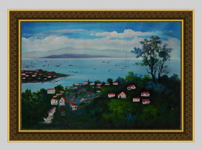Wu Guanzhong Gold Frame Oil Painting - Seaside Scenery: Title: Wu Guanzhong Gold Frame Oil Painting - Seaside Scenery Origin: Asian private collection Date/Period: 20th Description: Size: about 90x61cm, exquisite oil painting decorative painting, home deco
