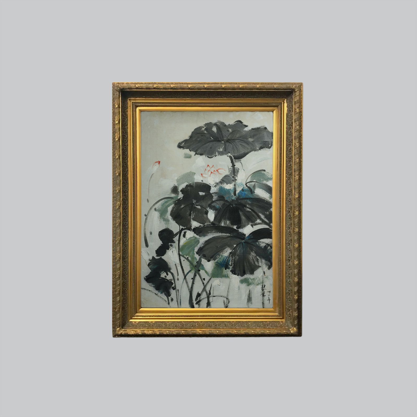 Xu Beihong Gold Frame Oil Painting - lotus: Title: Xu Beihong Gold Frame Oil Painting - lotus Origin: Asian private collection Date/Period: 20th Description: Size: about 99x73cm, exquisite oil painting decorative painting, home decoration artwo